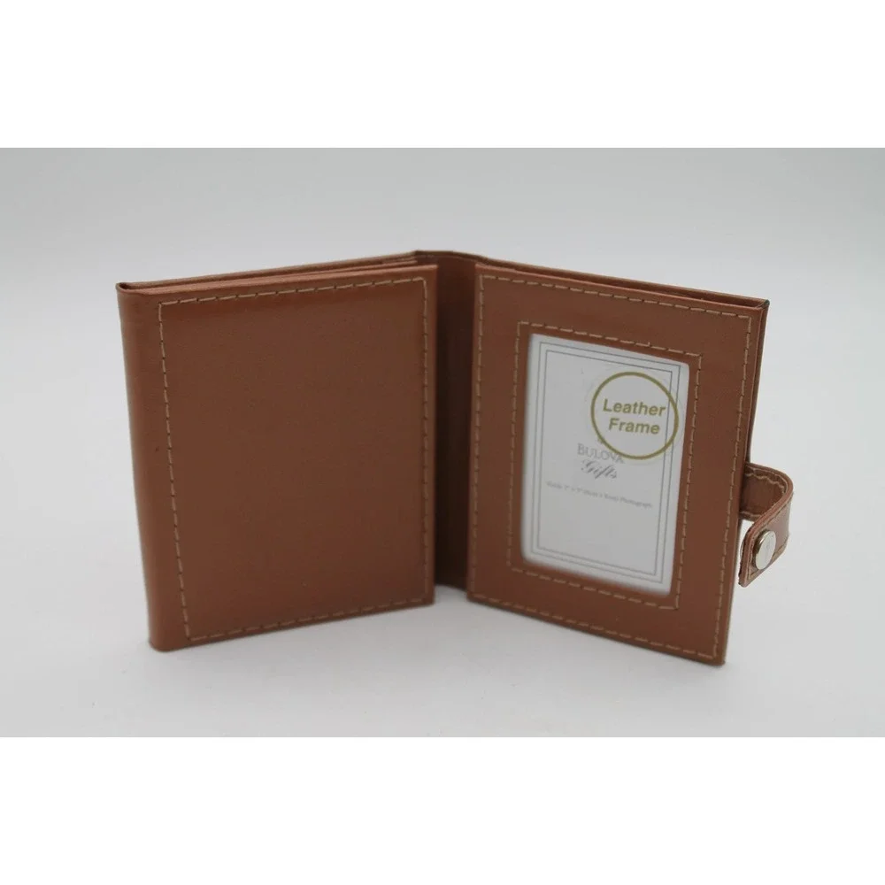Bulova Triple Folding Photo Album Travel Picture Frame Leather Brown Snap Close